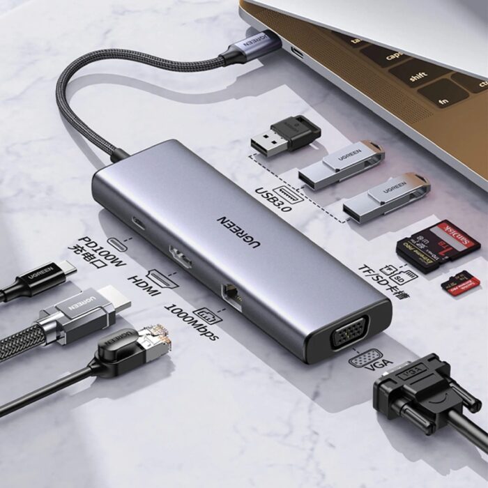 UGREEN 9 in 1 USB-C To 3*USB 3.0 A+HDMI+VGA+RJ45 Gigabit+SD/TF+PD Converter - Image 4