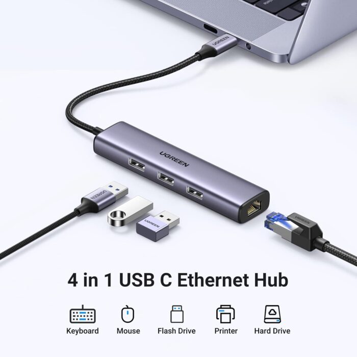 UGREEN USB-C to 3×USB 3.0 Hub + RJ45 (1000M) Ethernet Adapter - Image 3