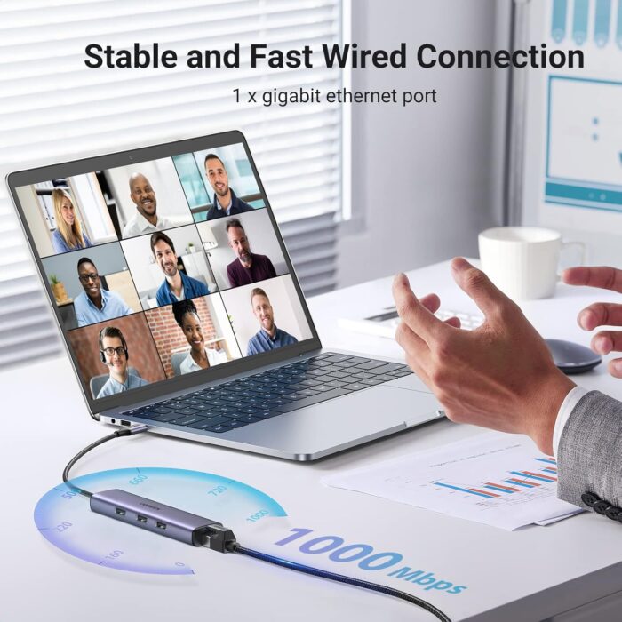 UGREEN USB-C to 3×USB 3.0 Hub + RJ45 (1000M) Ethernet Adapter - Image 4