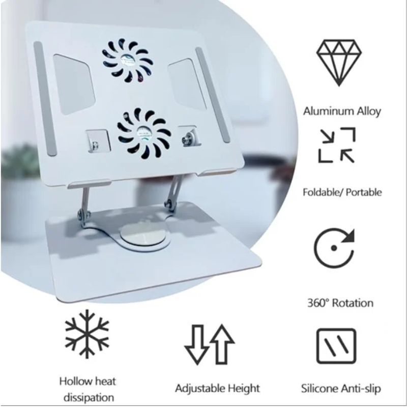 YL-906 Aluminum Laptop Stand with 360° Rotating Base & Dual Cooling Fans - Image 6
